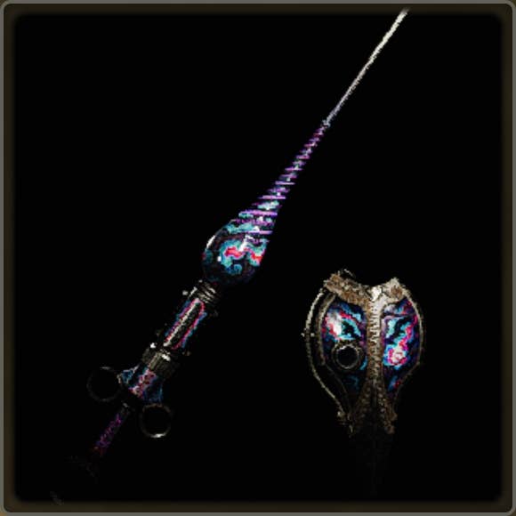 A close-up of a weapon in Monster Hunter Wilds against a black background.