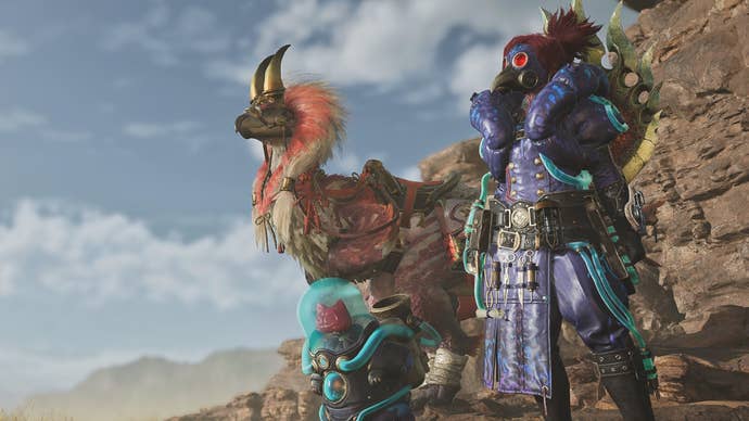 A hunter, palico and seikret stand proudly looking toward the horizon in Monster Hunter Wilds.
