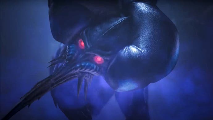 An image from Monster Hunter Wilds showing the Rompopolo, a pitch-black reptilian creature with leathery inflatable body parts, a long sword-like nose, and glowing red eyes.