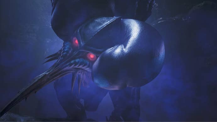 A close-up of the curved beaked face of a Rompopolo, a large monster in Monster Hunter Wilds.