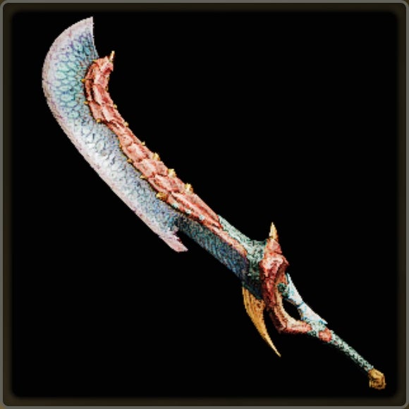 A close-up of a weapon in Monster Hunter Wilds against a black background.