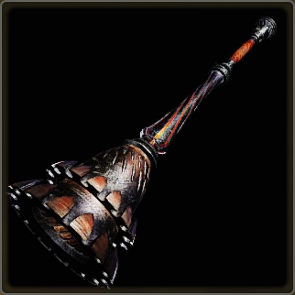 A close-up of a weapon in Monster Hunter Wilds against a black background.
