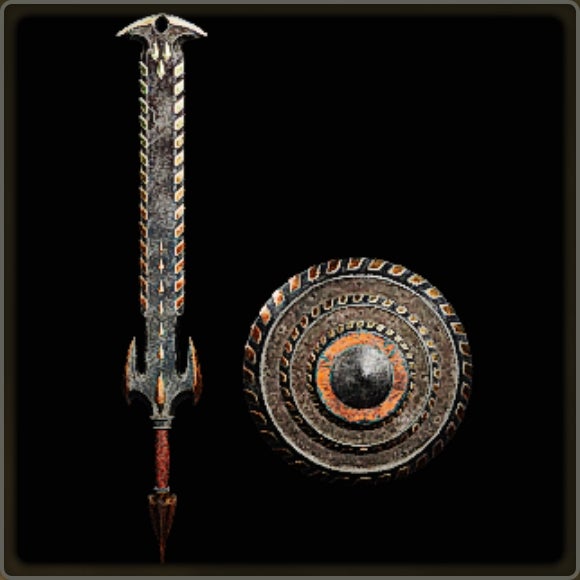 A close-up of a weapon in Monster Hunter Wilds against a black background.
