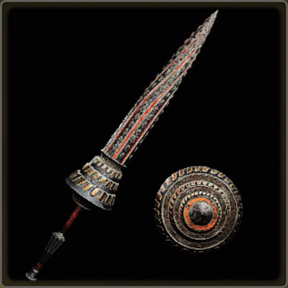 A close-up of a weapon in Monster Hunter Wilds against a black background.