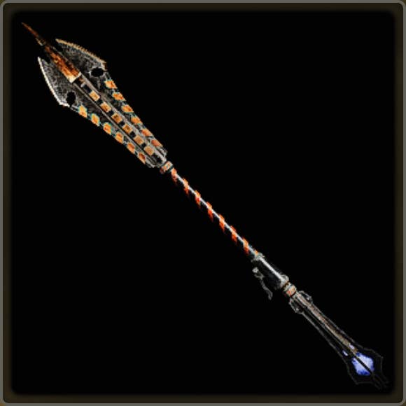 A close-up of a weapon in Monster Hunter Wilds against a black background.