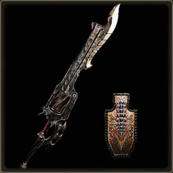 A close-up of a weapon in Monster Hunter Wilds against a black background.