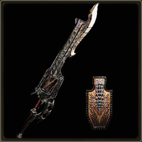 A close-up of a weapon in Monster Hunter Wilds against a black background.