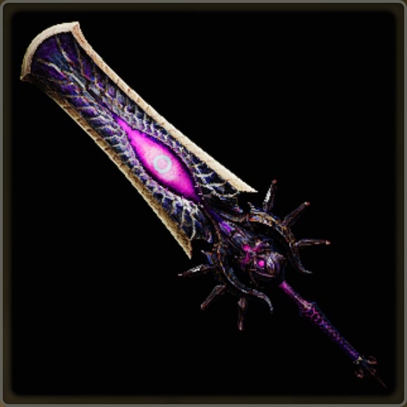 A close-up of a weapon in Monster Hunter Wilds against a black background.