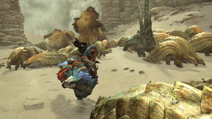 A Monster Hunter Wilds screenshot showing the player riding a bird-like mount through the desert as monsters stampede around them to escape an incoming sandstorm.