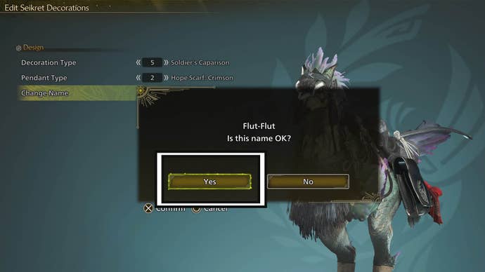 monster hunter wilds seikret decoration menu confirm new name window