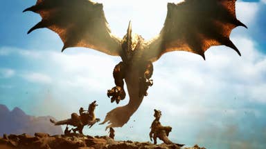 Monster Hunter Wilds' interpretation of aerial hunter Seregios which looms above two bird-like Seikrets, its outstretched wings silhouetted against the desert sun.
