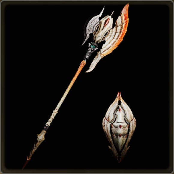 A close-up of a weapon in Monster Hunter Wilds against a black background.
