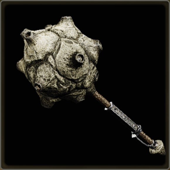 A close-up of a weapon in Monster Hunter Wilds against a black background.