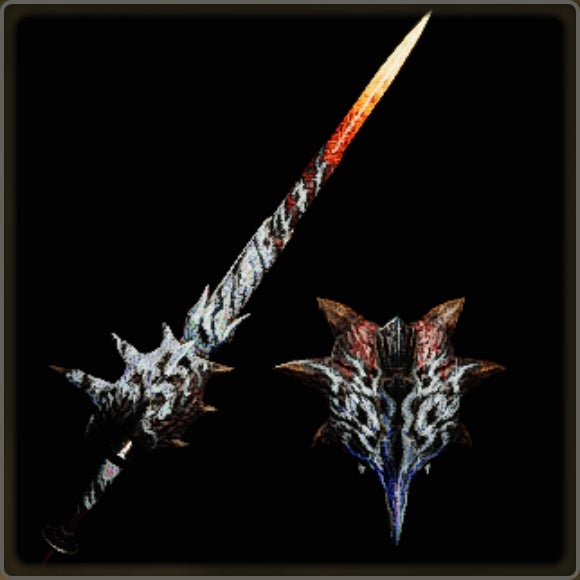 A close-up of a weapon in Monster Hunter Wilds against a black background.