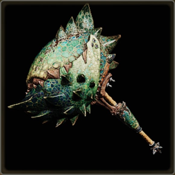 A close-up of a weapon in Monster Hunter Wilds against a black background.