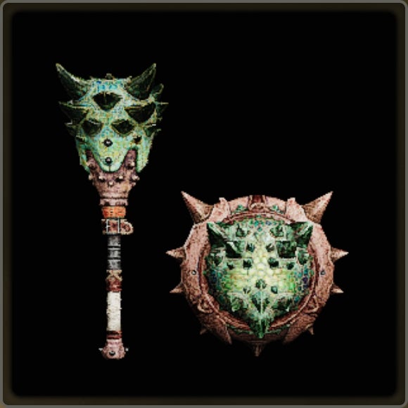 A close-up of a weapon in Monster Hunter Wilds against a black background.