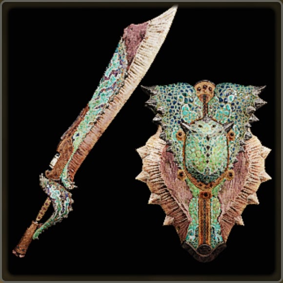 A close-up of a weapon in Monster Hunter Wilds against a black background.