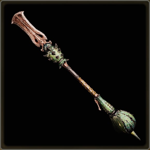 A close-up of a weapon in Monster Hunter Wilds against a black background.
