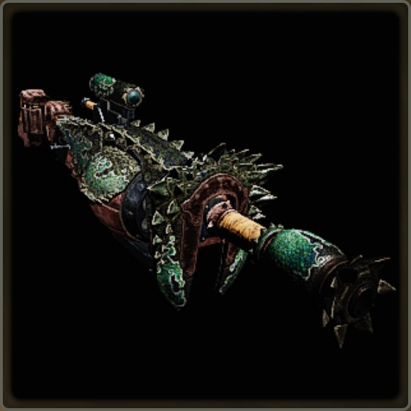 A close-up of a weapon in Monster Hunter Wilds against a black background.