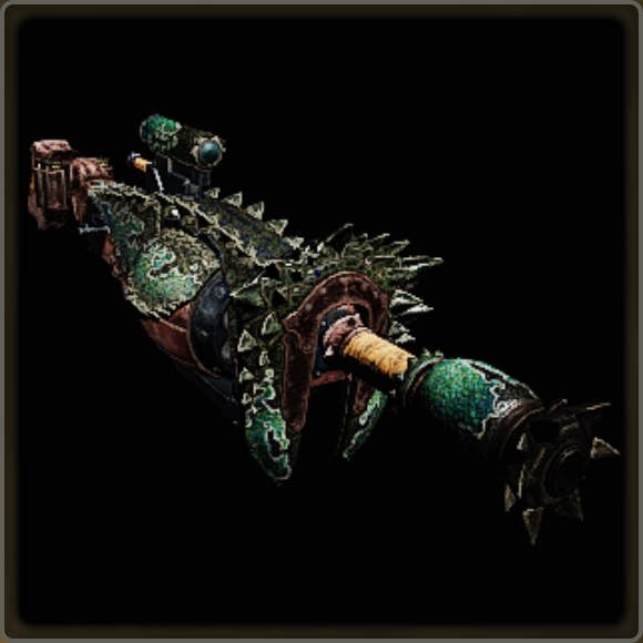 A close-up of a weapon in Monster Hunter Wilds against a black background.