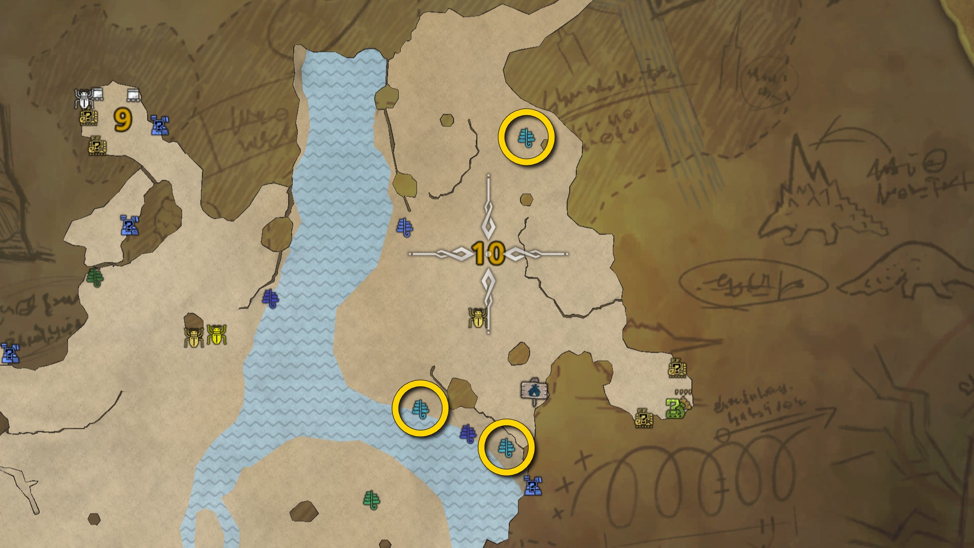 Part of the map of Monster Hunter Wilds, with the locations of several Sleep Herbs highlighted with yellow circles. - 5