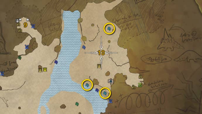 Part of the map of Monster Hunter Wilds, with the locations of several Sleep Herbs highlighted with yellow circles.