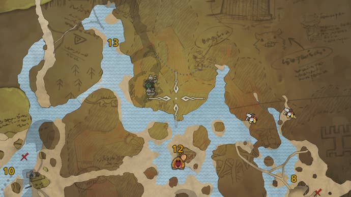 Part of the map of the Scarlet Forest in Monster Hunter Wilds, with the location of a small lake highlighted by the reticule.