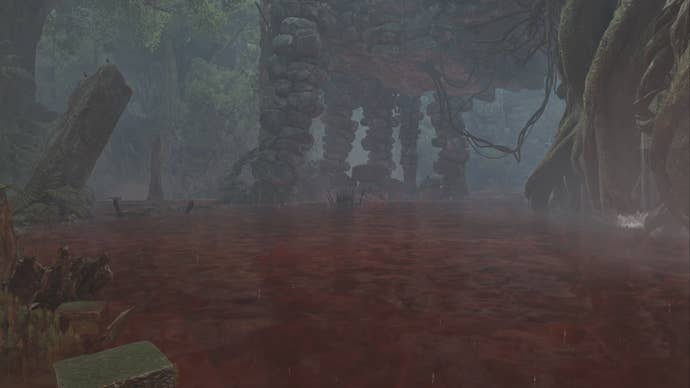 A small lake of red water in the Scarlet Forest of Monster Hunter Wilds.