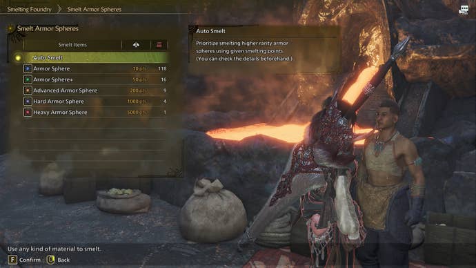 The Smelt Armor Spheres screen of the Smelting Foundry in Monster Hunter Wilds, showing a list of Armor Sphere types on the left.