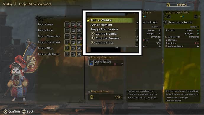 monster hunter wilds smithy palico weapon menu add to wishlist option