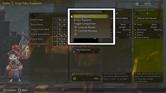 monster hunter wilds smithy palico weapon menu add to wishlist option