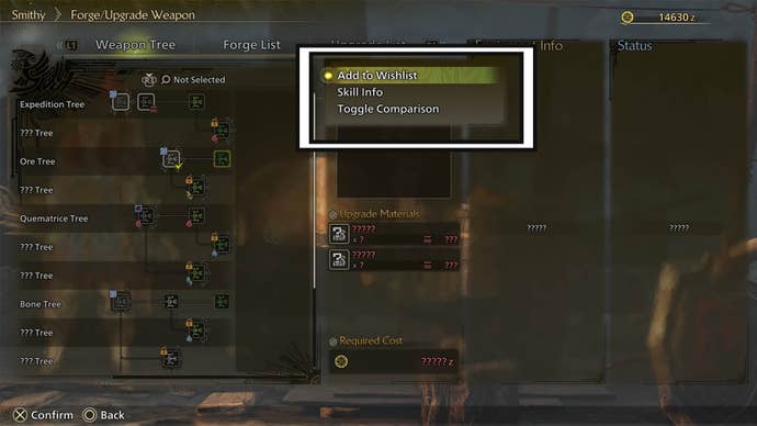 monster hunter wilds smithy weapon menu add to wishlist option