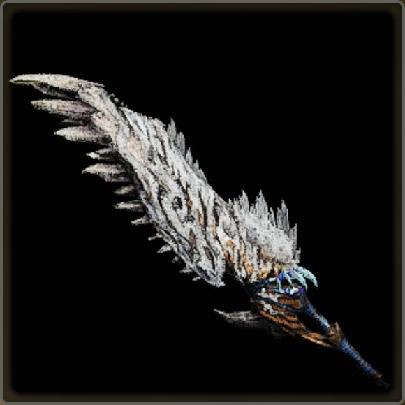 A close-up of a weapon in Monster Hunter Wilds against a black background.