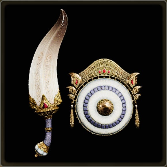 A close-up of a weapon in Monster Hunter Wilds against a black background.
