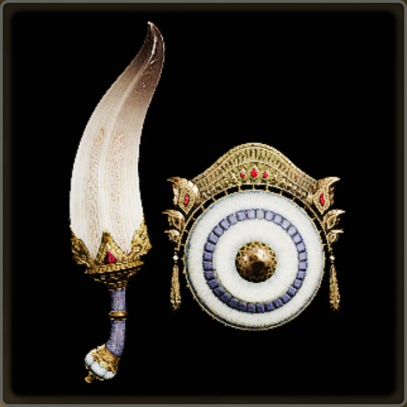 A close-up of a weapon in Monster Hunter Wilds against a black background.