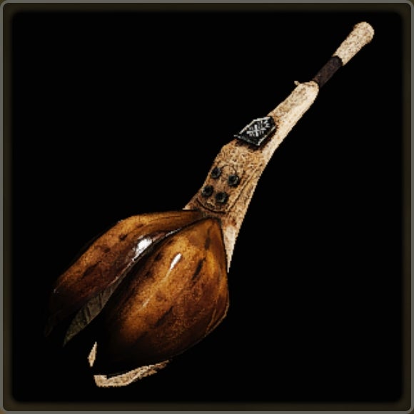 A close-up of a weapon in Monster Hunter Wilds against a black background. - 12