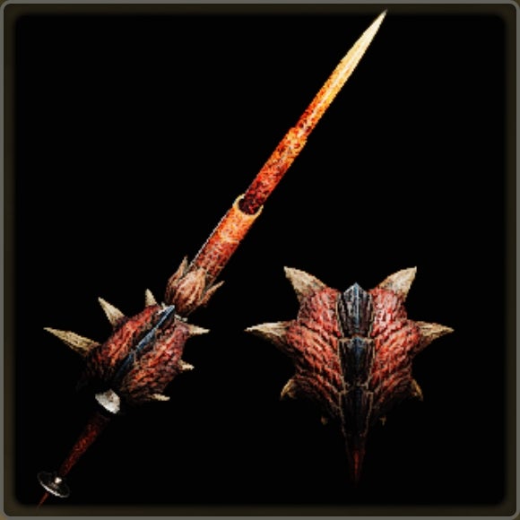 A close-up of a weapon in Monster Hunter Wilds against a black background.