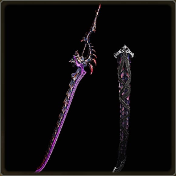 A close-up of a weapon in Monster Hunter Wilds against a black background. - 21