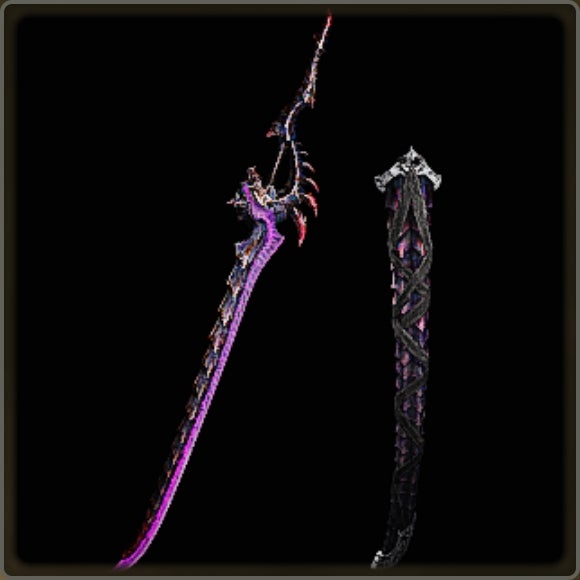 A close-up of a weapon in Monster Hunter Wilds against a black background.