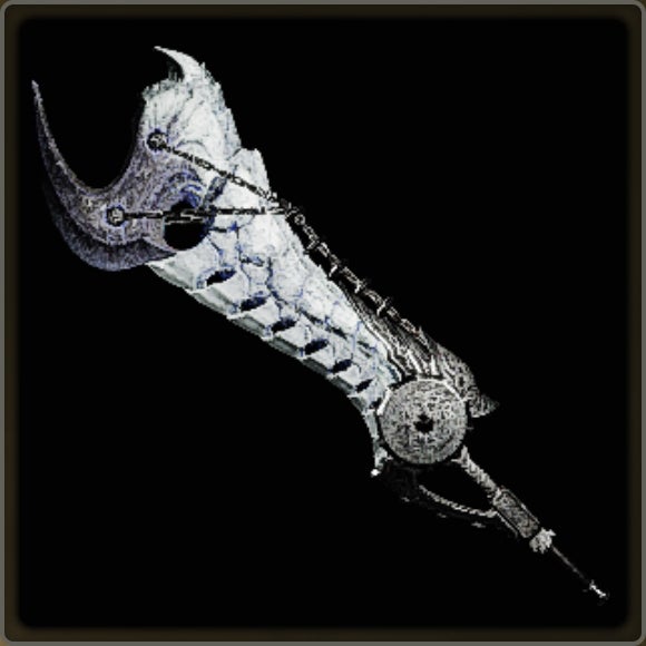 A close-up of a weapon in Monster Hunter Wilds against a black background.