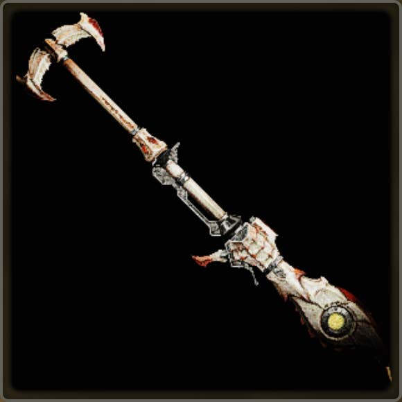 A close-up of a weapon in Monster Hunter Wilds against a black background.