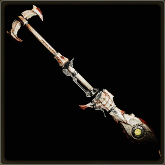 A close-up of a weapon in Monster Hunter Wilds against a black background.