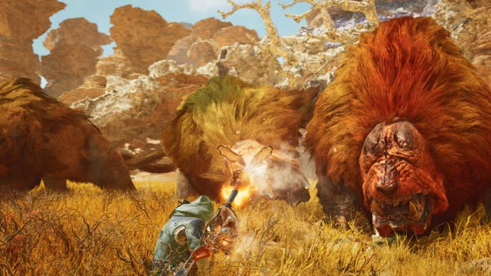 monster hunter wilds steam promo art hunter against herd of dogashuma