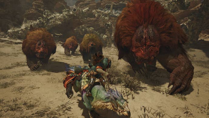 monster hunter wilds steam promo art hunter on seikret running from doshaguma