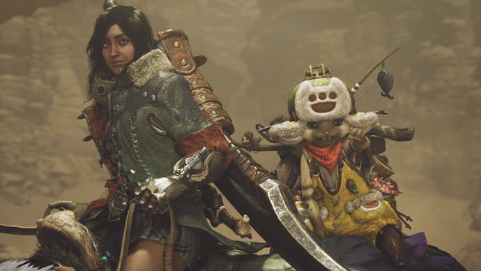 monster hunter wilds steam promo art hunter with palico