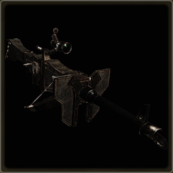 A close-up of a weapon in Monster Hunter Wilds against a black background.