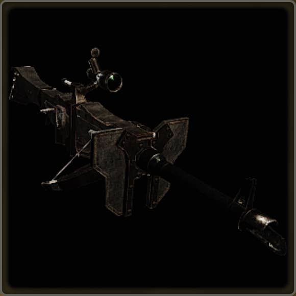 A close-up of a weapon in Monster Hunter Wilds against a black background.