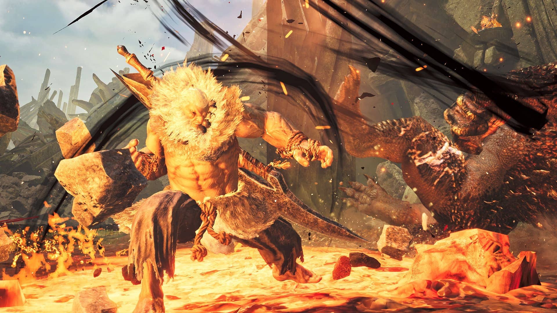 Street Fighter 6's Akuma fighting a beastie in Monster Hunter Wilds. - 1