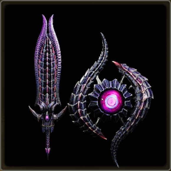 A close-up of a weapon in Monster Hunter Wilds against a black background.