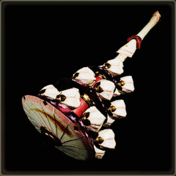 A close-up of a weapon in Monster Hunter Wilds against a black background.